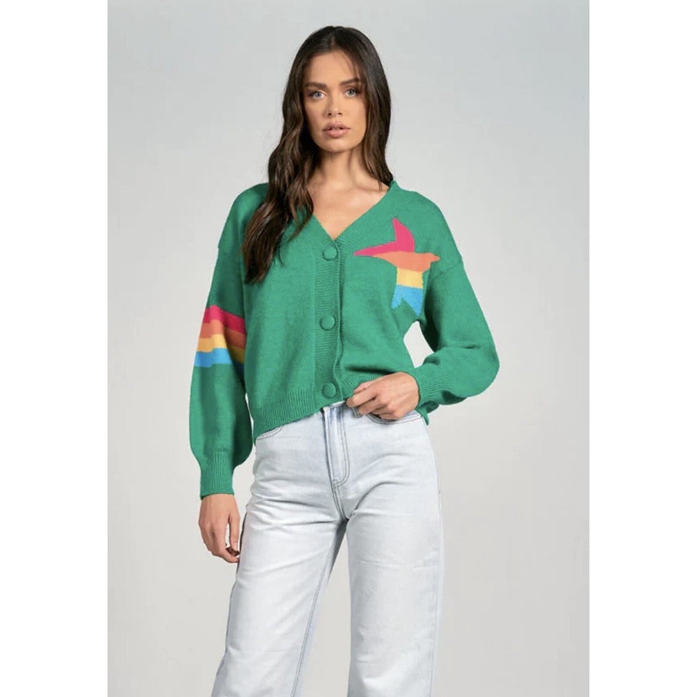 Elan Star Cardigan Sweater Size Small Green Button Up Long Sleeve NWT